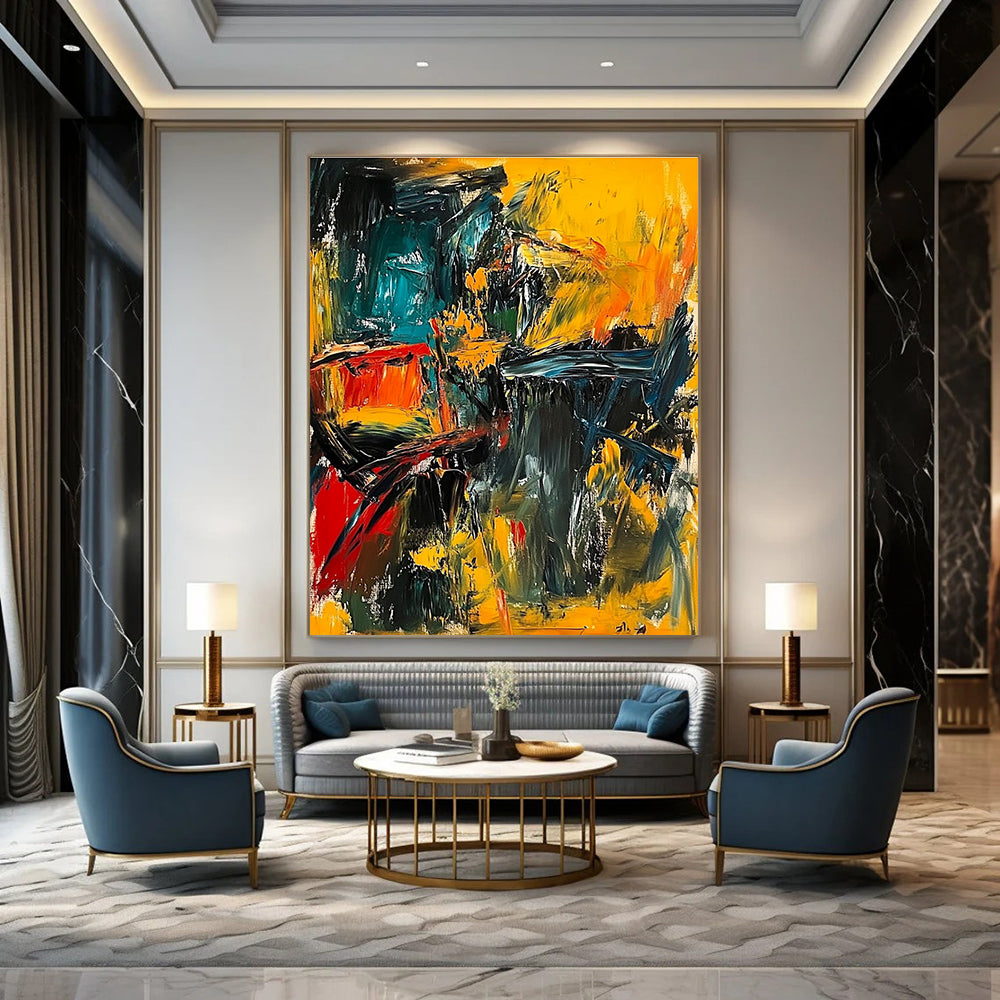Large abstract painting depicting a dynamic war scene with bold strokes and vibrant colors conveying chaos and fear.STSC553