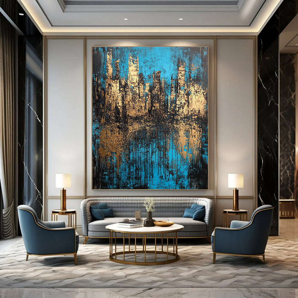 Large abstract painting of an underwater city in deep blue and brown tones with a richly textured canvas.STSC152