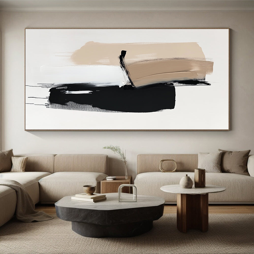 Beige Black and White Abstract Painting with Minimalist Shapes GER632
