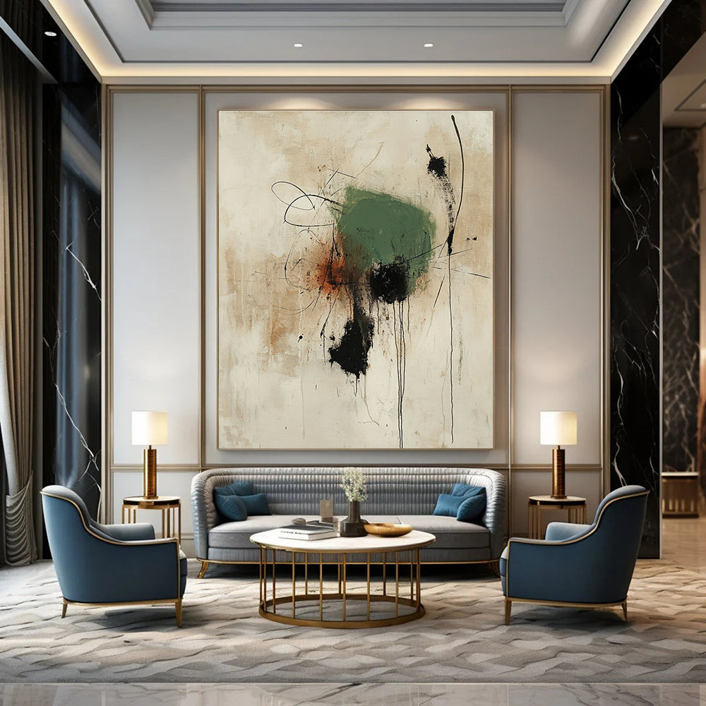 Large abstract painting featuring thick green shape with black accents and rust lines on an off-white background creating rich texture and depth.STSC1186