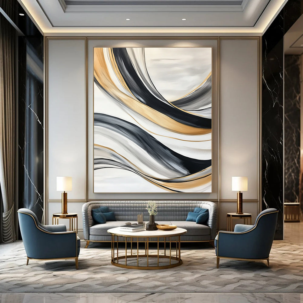Large abstract painting with black gray and white lines featuring flowing forms swirling vortices soft edges blurred details and a gold accent.STSC739