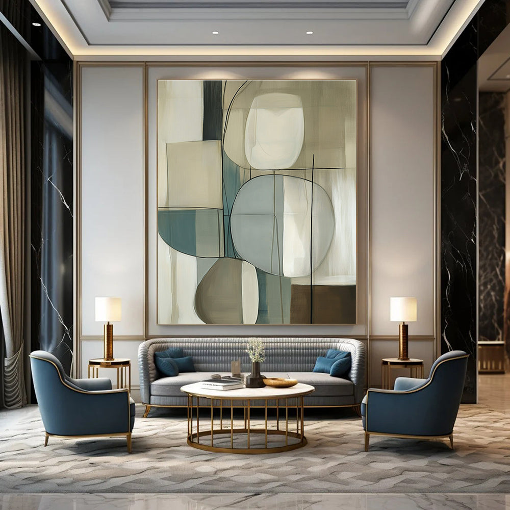 Large abstract painting with geometric forms in soft beige and cream shades featuring smooth textures and elegant negative space.STSC1321