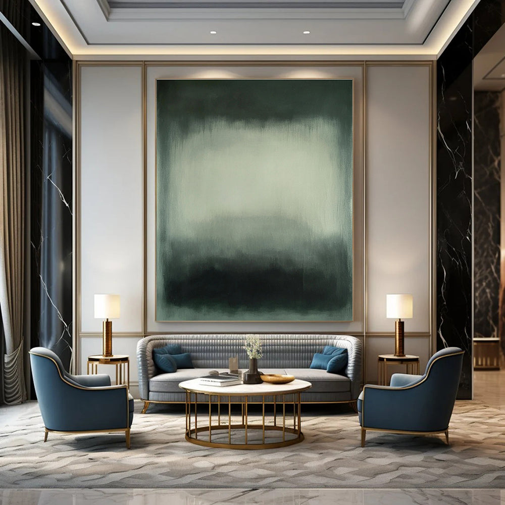 Large abstract painting featuring gray and white hues with blurred edges and a dark green gray background in a soft hazy atmospheric style.STSC683