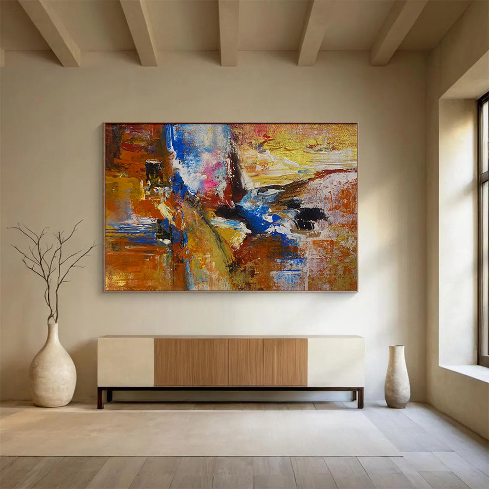 Orange Blue Gold Abstract Painting with Warm, Inviting Hues THY385