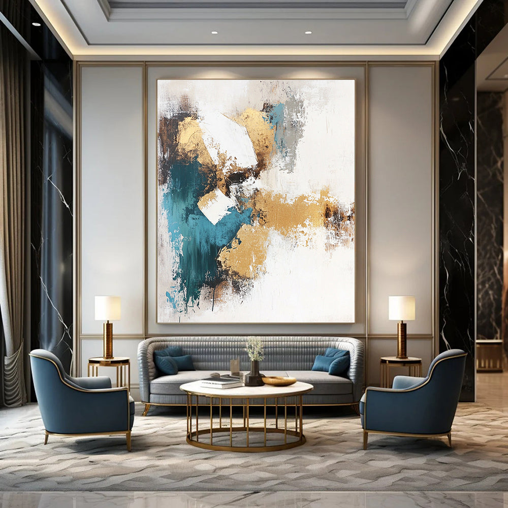 Large abstract painting in beige and teal tones featuring gold foil accents on a white background. Perfect for modern decor.STSC211