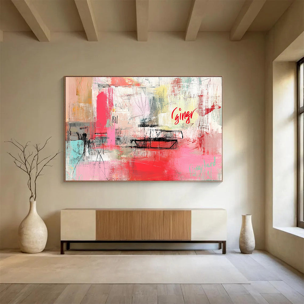 Large abstract painting featuring a dynamic pink and red color palette, organic shapes, blurred imagery, and bold text reading ginger in cursive script.SC275
