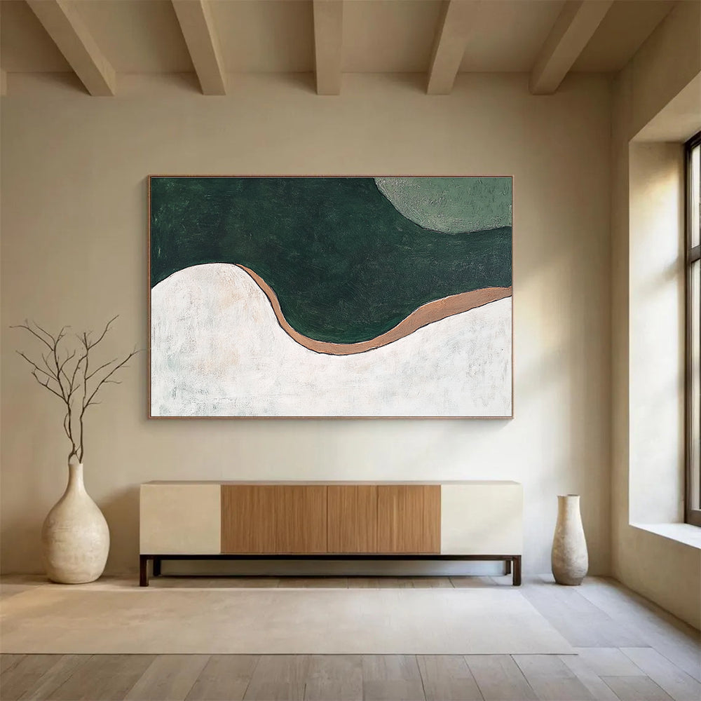 A large abstract painting featuring organic green and white curves, brown accents, resembling a river from an aerial view. Minimalistic design.SC532