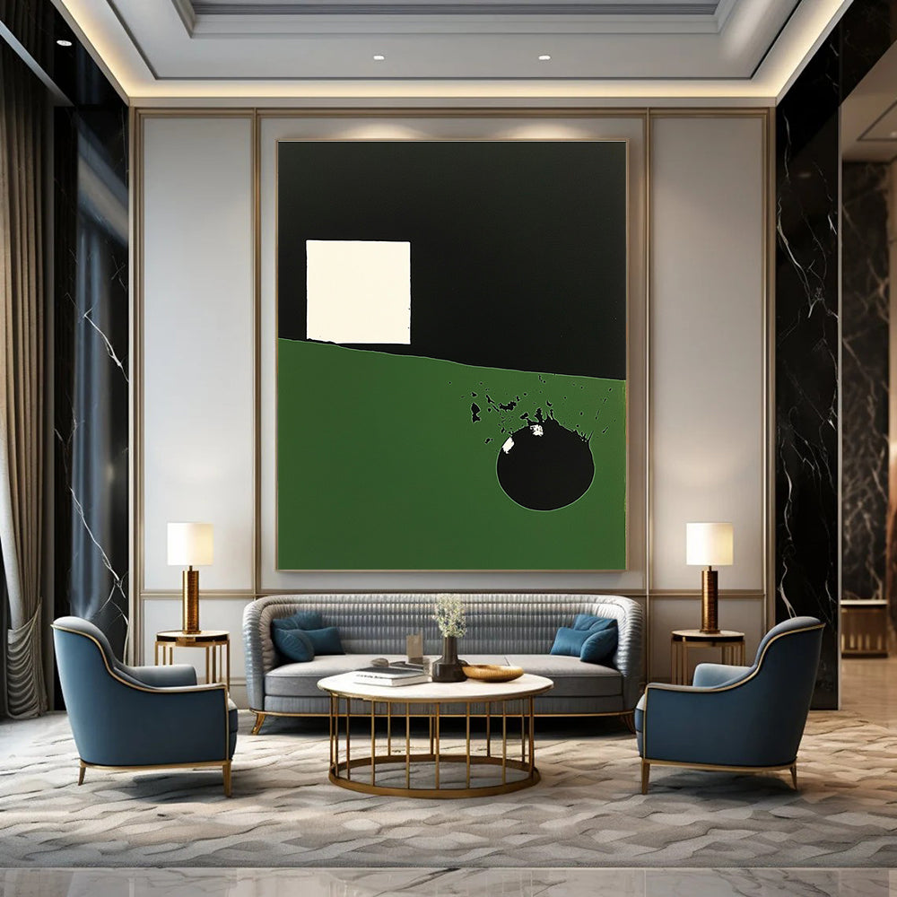 Large abstract painting featuring dark green and black shapes a white irregular square and a prominent circle with black overlay.STSC130