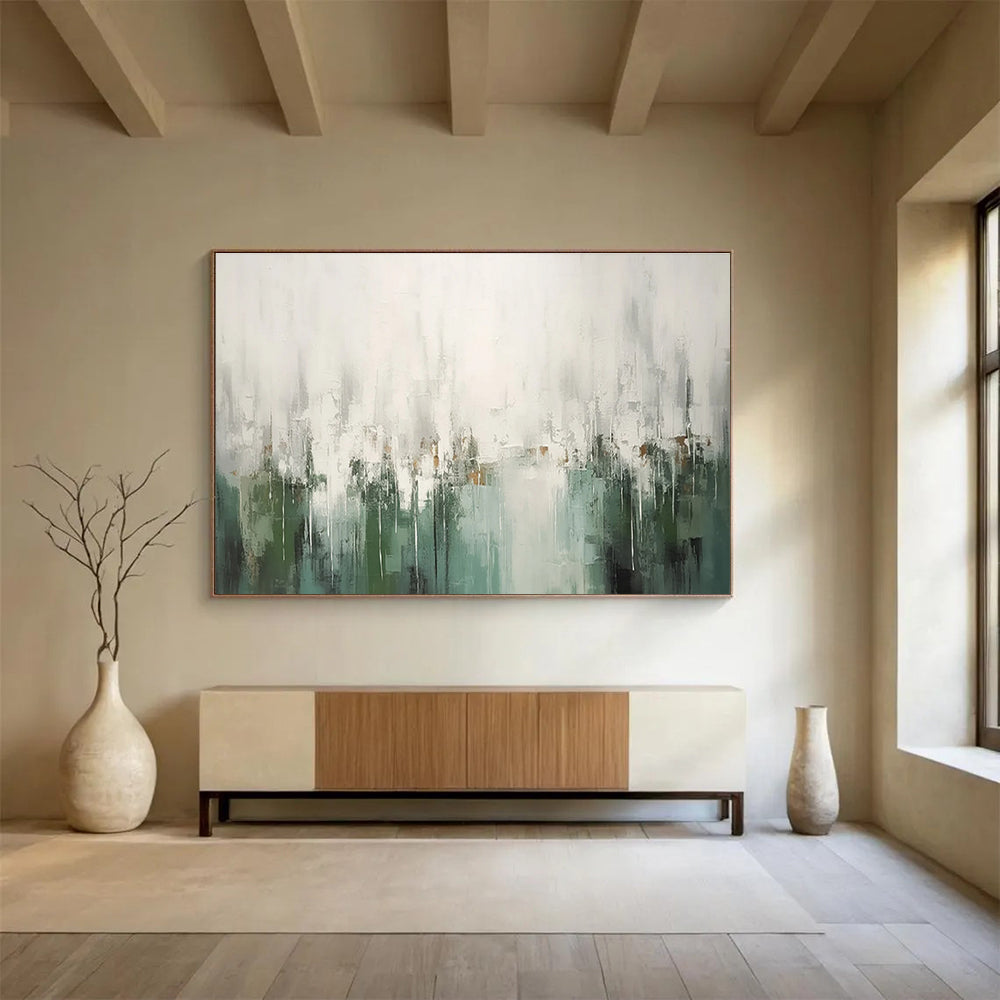 Green Gray Abstract Painting with Ethereal Drip Effects THY324