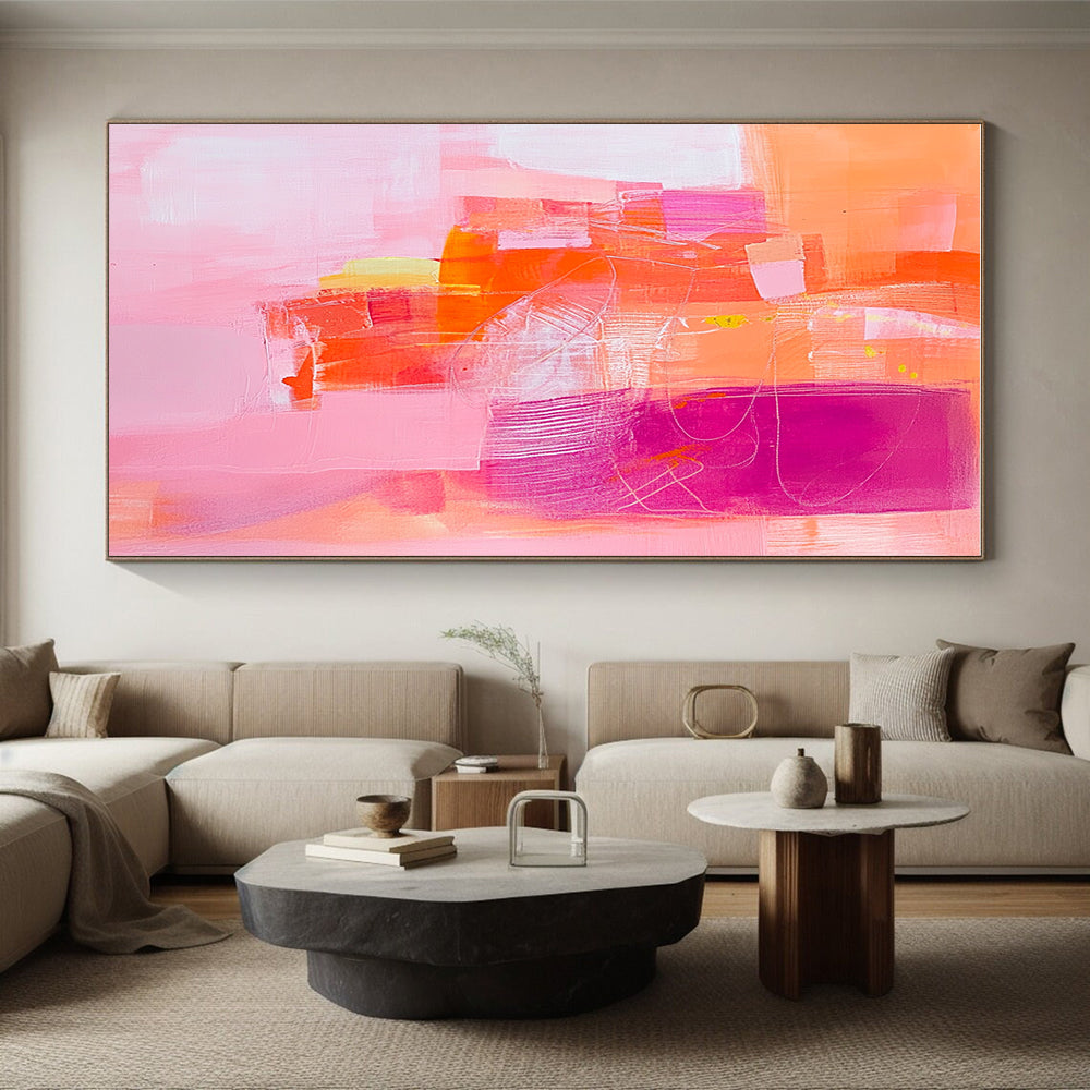 Vibrant Pink and Orange Abstract Painting with Dynamic Shapes GER254