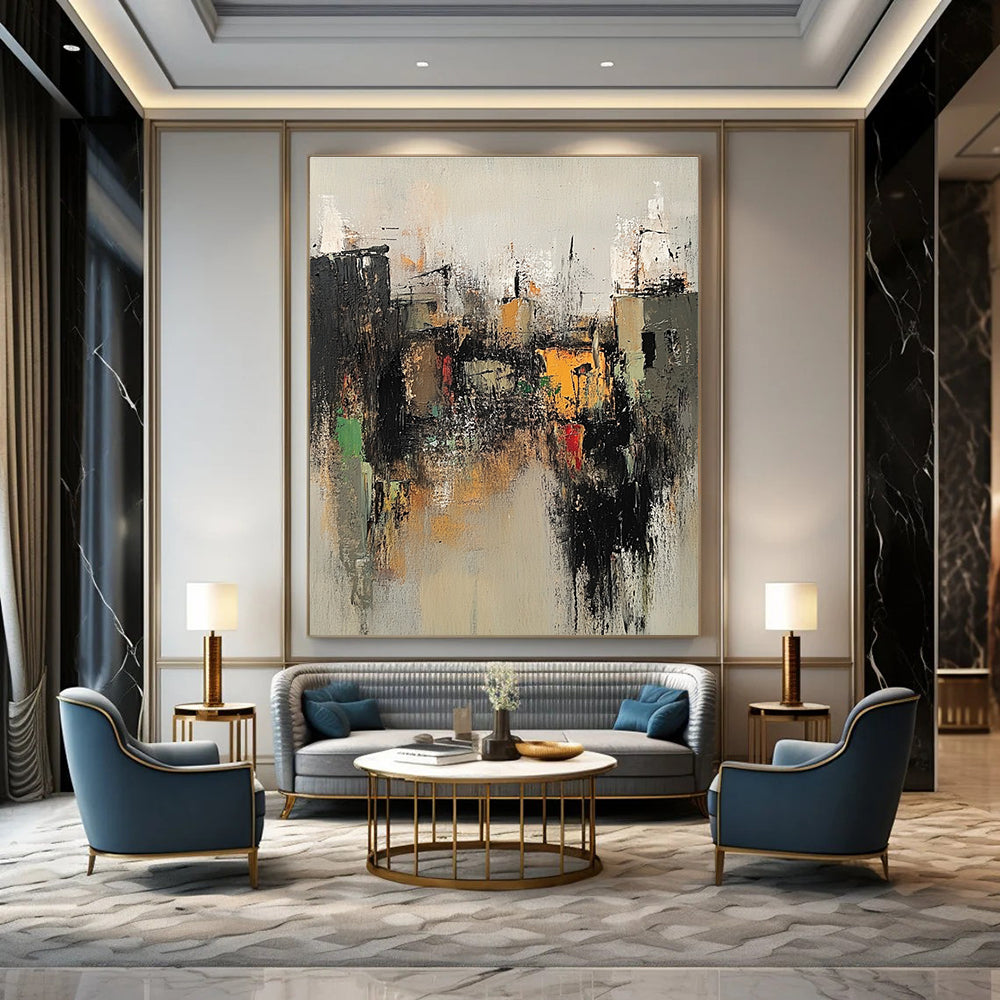 Large abstract painting of an old village with neutral tones dark gray light orange accents evoking nostalgia for vintage rural life.STSC660