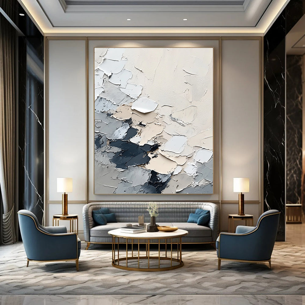 Large abstract painting of snow in grey and white with depth and texture created using a palette knife and a bird's-eye view perspective.STSC567