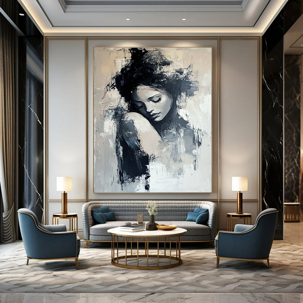 Large Abstract Painting Featuring A White Flower With Gold Accents Bold Brush Strokes And Neutral Colors Set Against A Black Background.STSC297