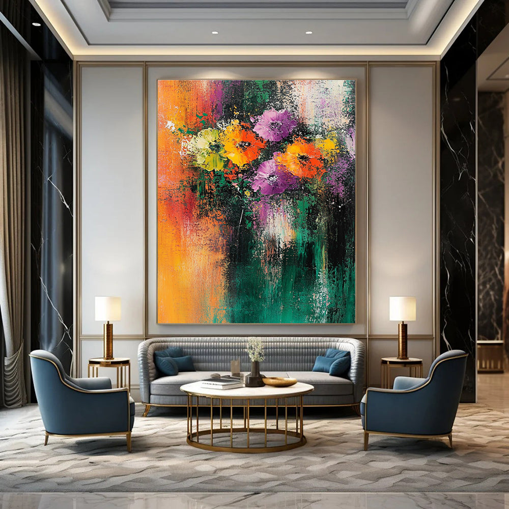 Large abstract painting featuring flowers with vibrant orange green yellow purple and teal colors textured background and emotional brush strokes.STSC307