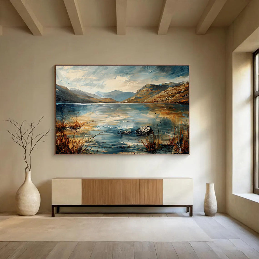 Lake Mountain Abstract Painting with Dynamic, Reflective Beauty THY403
