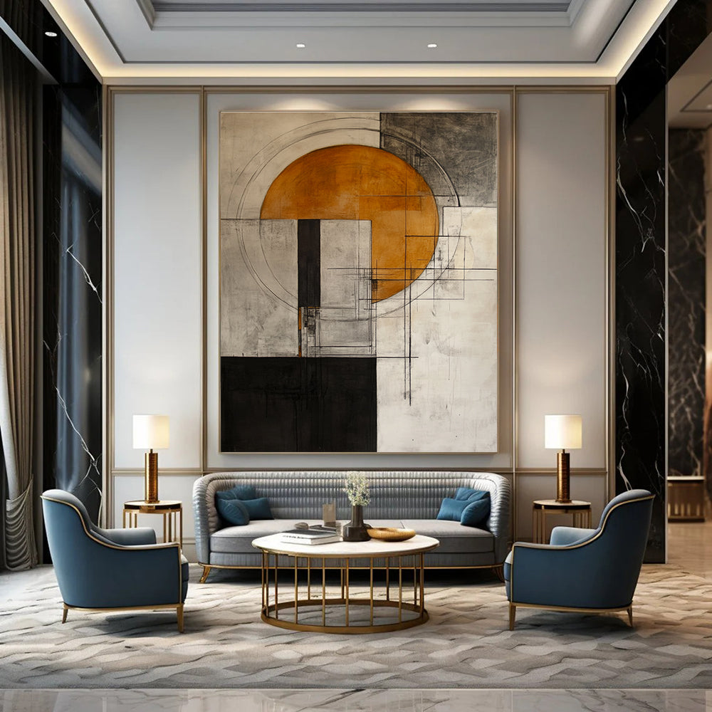 Abstract painting featuring an orange circle on a grey and white background with architectural elements inspired by Peter Driben's style.STSC661