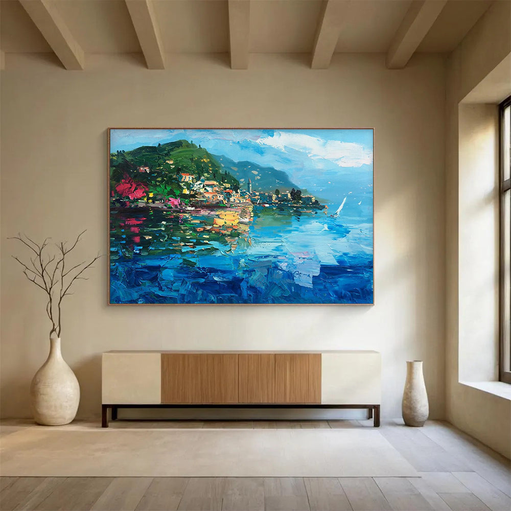 Blue Green Pink Lakefront Village Painting THY487