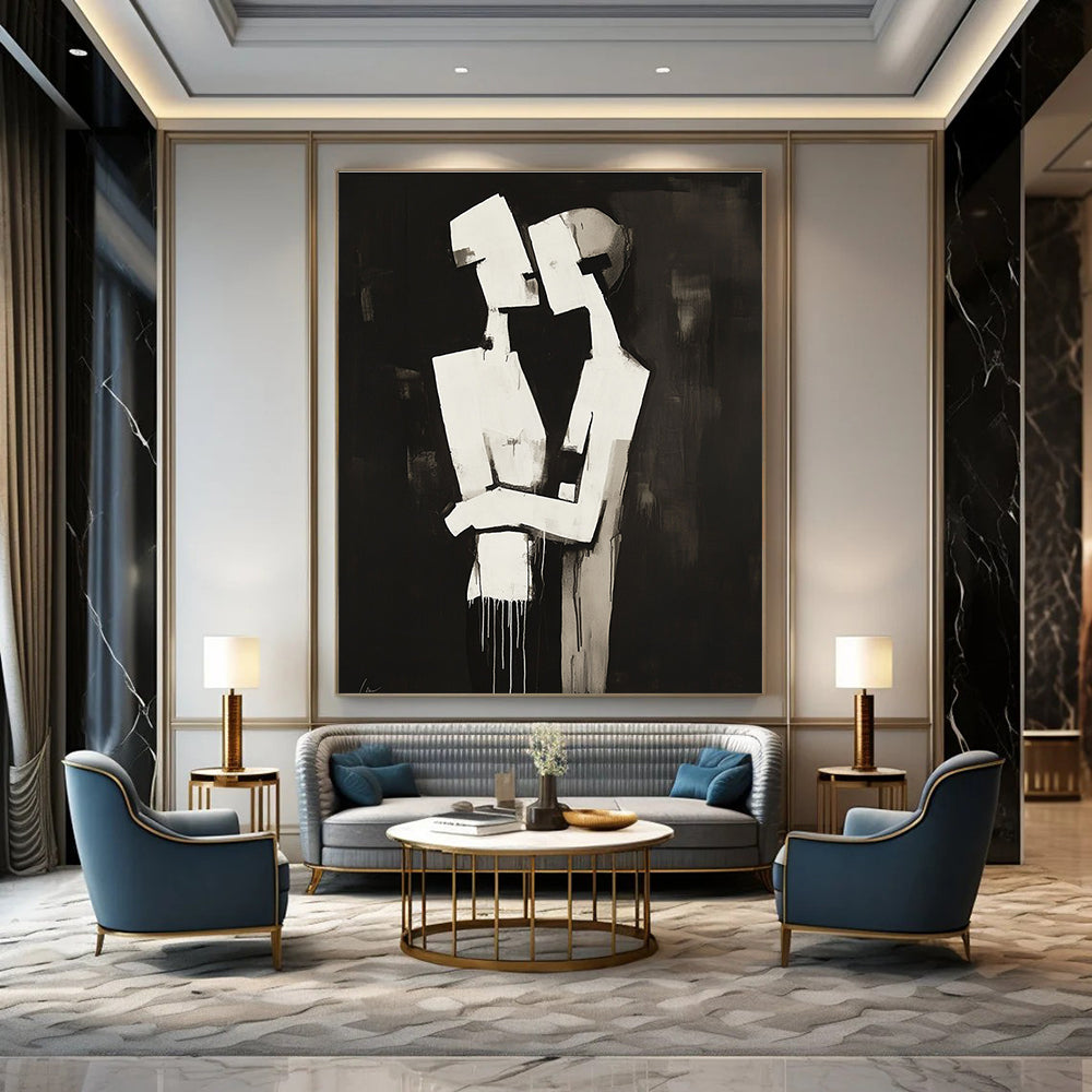Abstract black and white painting of two figures embracing in a deconstructed minimalist style against a dark background.STSC024