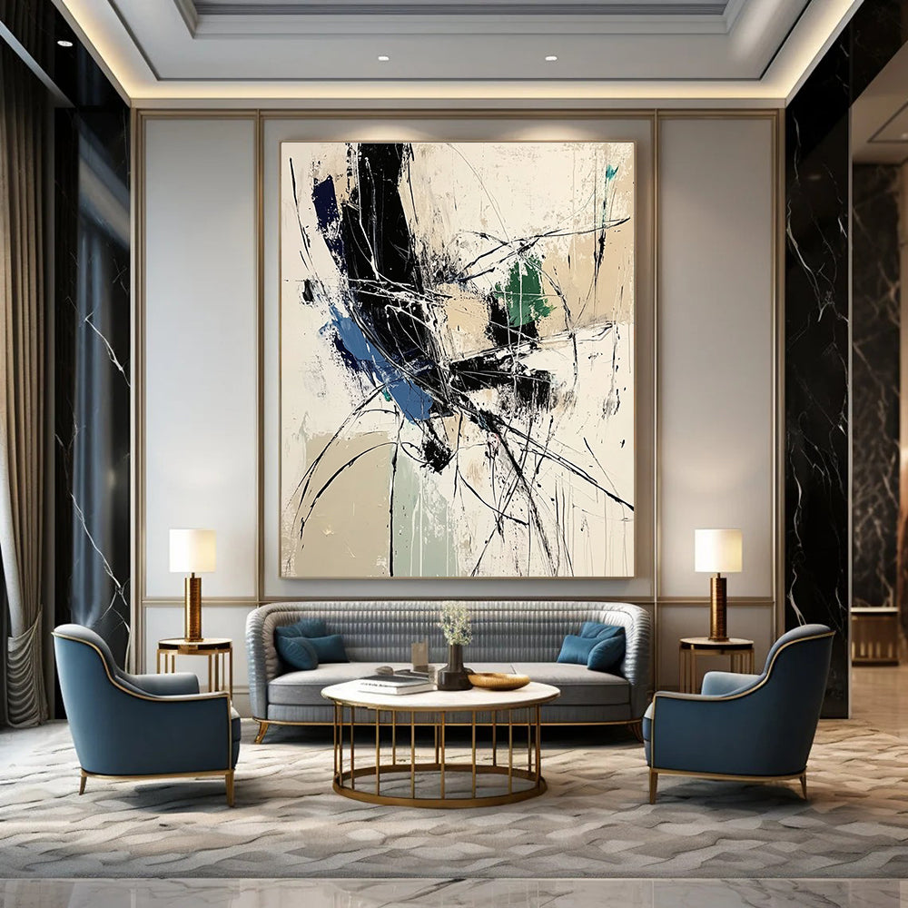 Large abstract painting featuring dynamic lines and organic shapes in white black and blue tones inspired by Zao Wou-Ki.STSC825