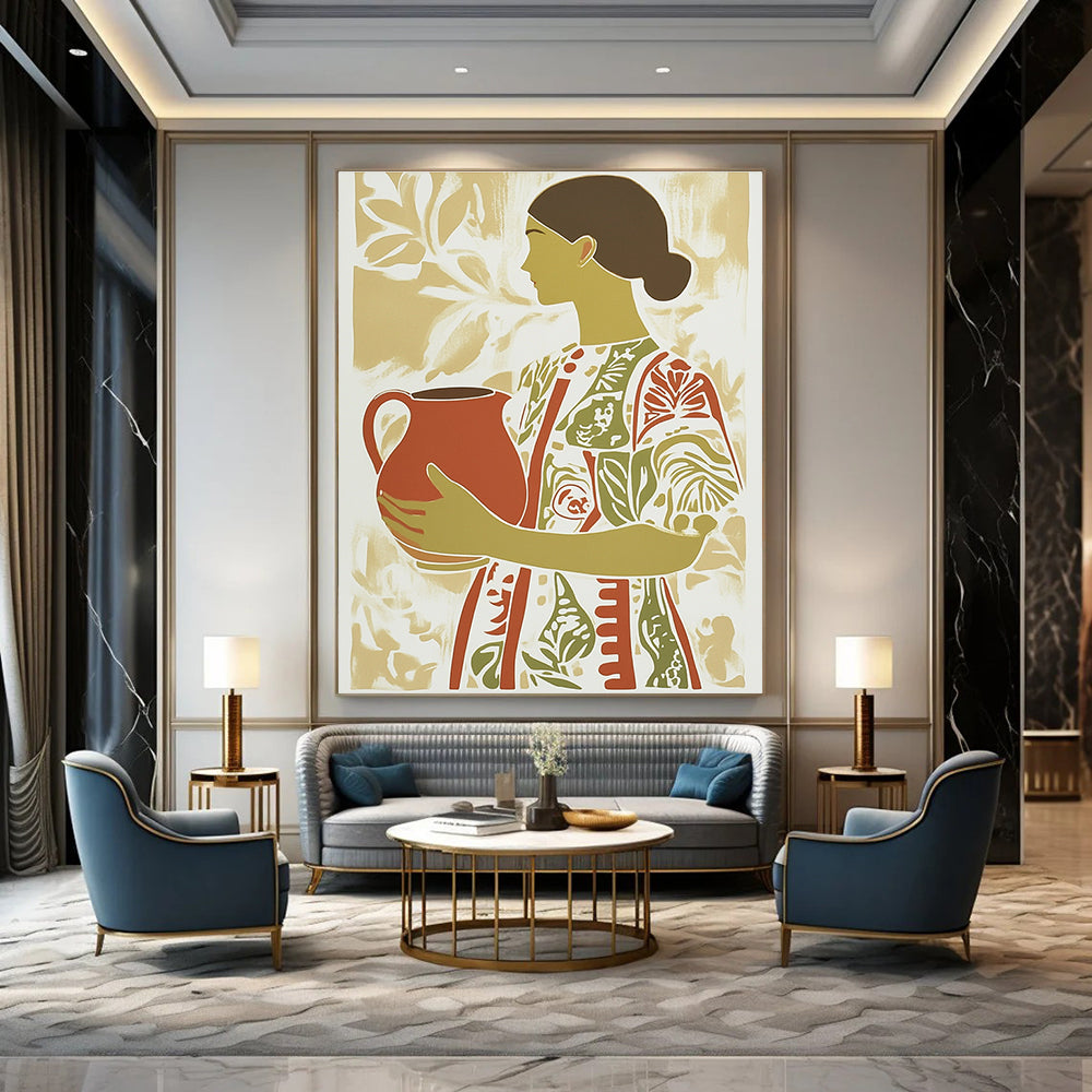 Abstract artwork featuring a woman with an earthenware jug in a patterned dress with green and red stripes in a flat color palette.STSC1417