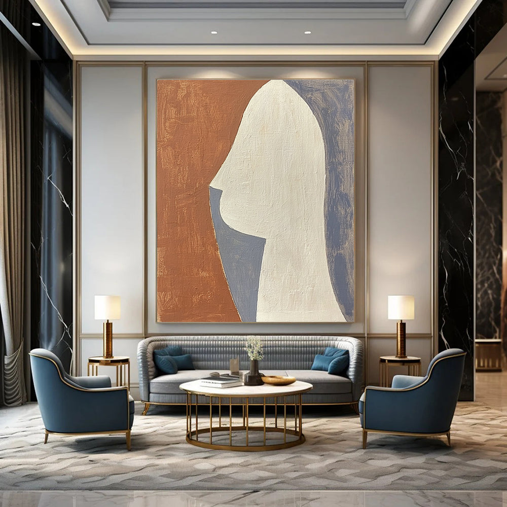 Large abstract painting featuring a profile design in terracotta white and grey composed of simple shapes.STSC1370