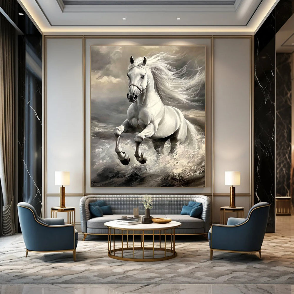 An abstract painting featuring a majestic white horse in motion with a grey color palette highlighting its powerful features and flowing mane.STSC1053