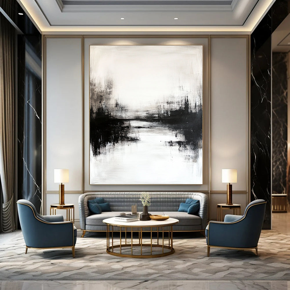 Large abstract painting featuring black and white tones with soft hazy reflections in neutral colors creating a low-contrast atmospheric effect.STSC234