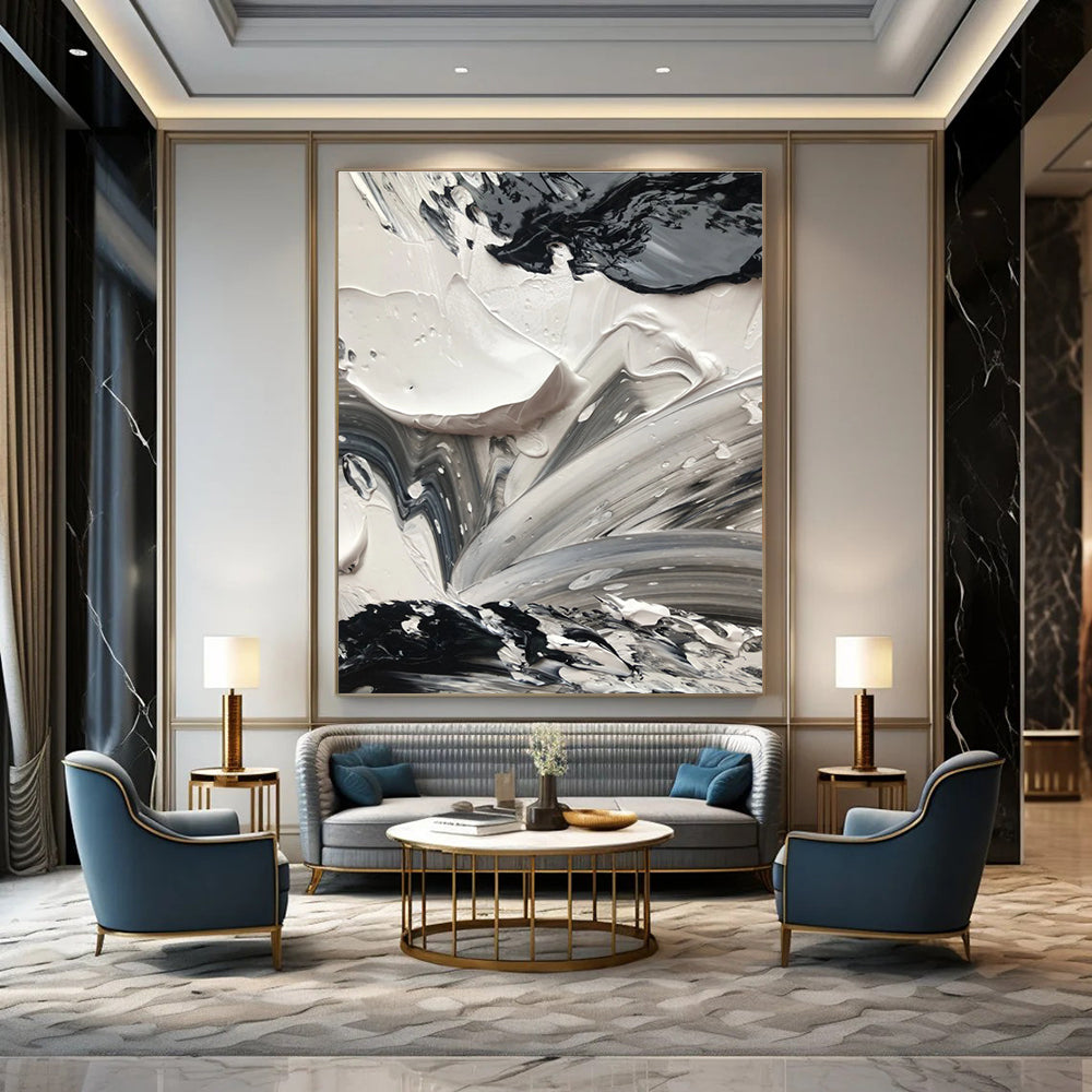 Black and White Impasto Abstract Painting with Dynamic Textures ADGE440