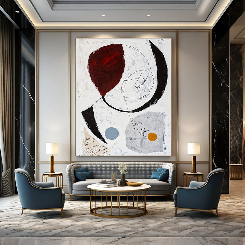 Large abstract painting featuring white grey and red tones with black lines and brown ink scribbles on paper.STSC829
