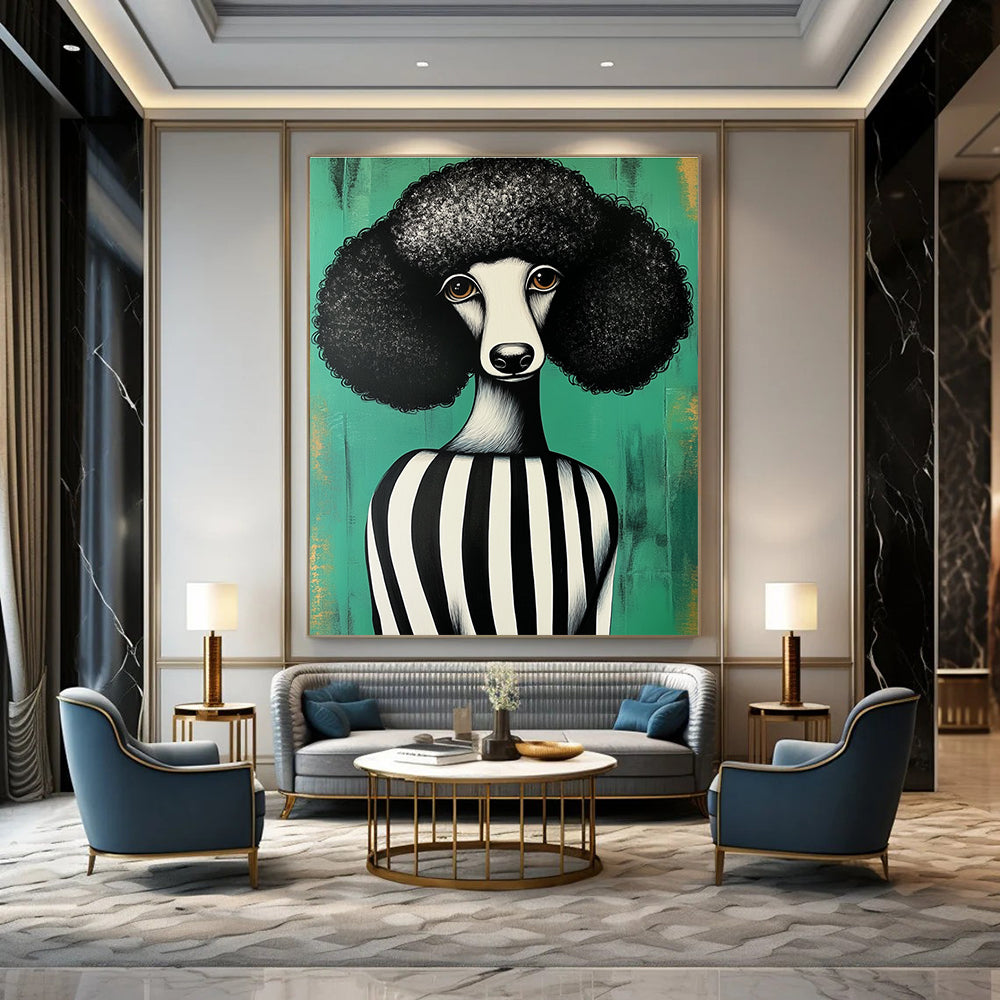 Abstract painting featuring a black and white poodle in a striped dress against a green background inspired by Shepard Fairey style.STSC912