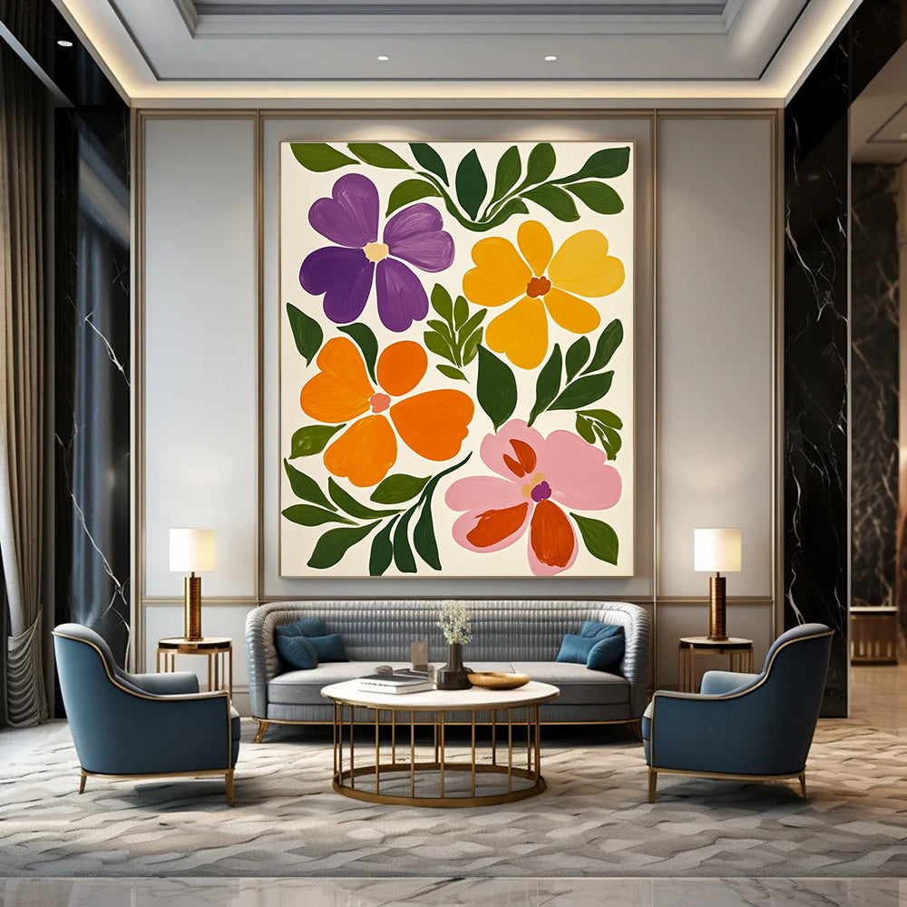 Large abstract painting featuring vibrant flowers with violet and green leaves against a white background in the style of Maira Kalman.STSC1317