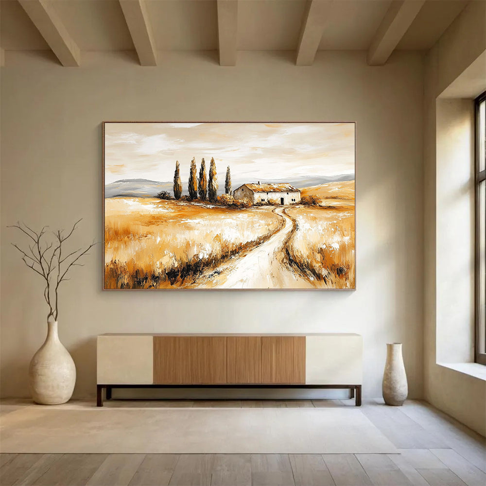Hand-painted abstract artwork of a rustic farmhouse amidst golden fields and cypress trees evoking nostalgia and tranquility in nature's beauty.SC543