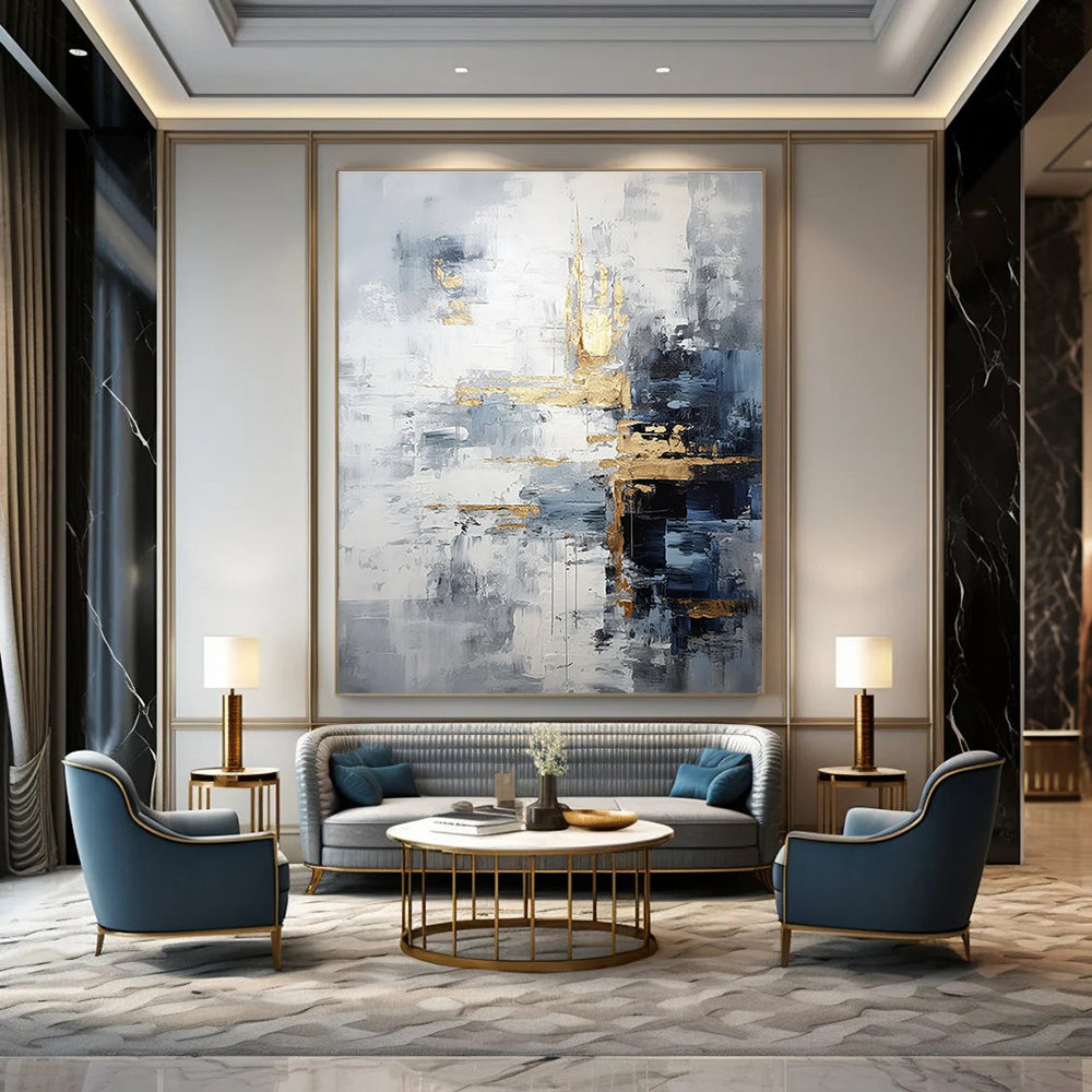 Gray - Gold Abstract Composition Painting with Dynamic Brushstrokes ADGE453