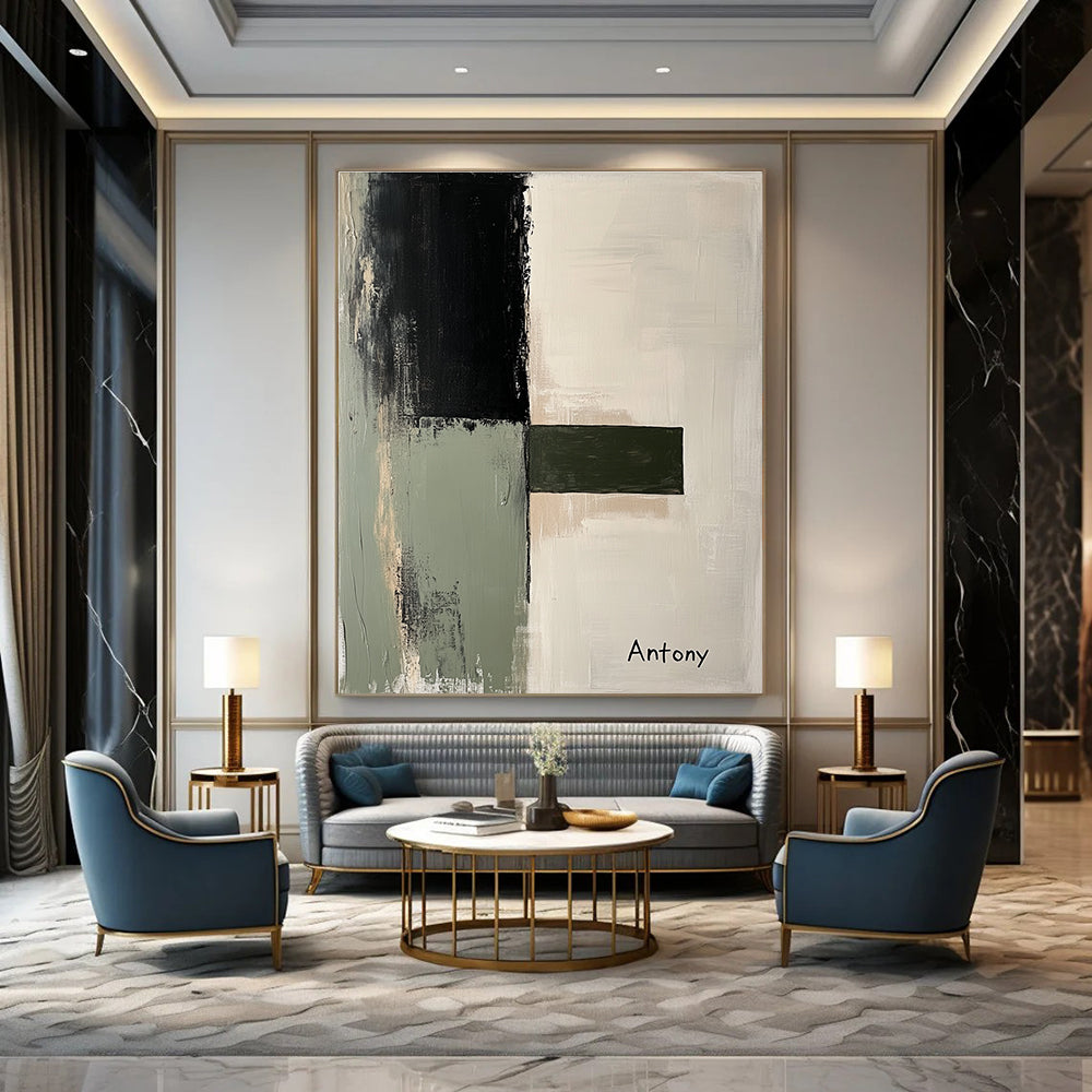 Large abstract painting featuring a light gray sage green and black palette with minimalist landscape shapes and the inscription Antony.STSC730