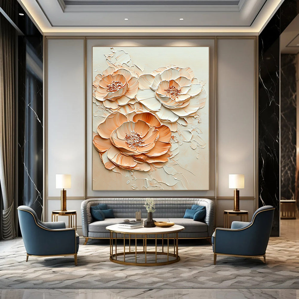 A Large Abstract Painting Featuring Peach and Cream-Colored Flowers in Embossed Oil Texture Ultra-High Resolution Artistic Detail.STSC453