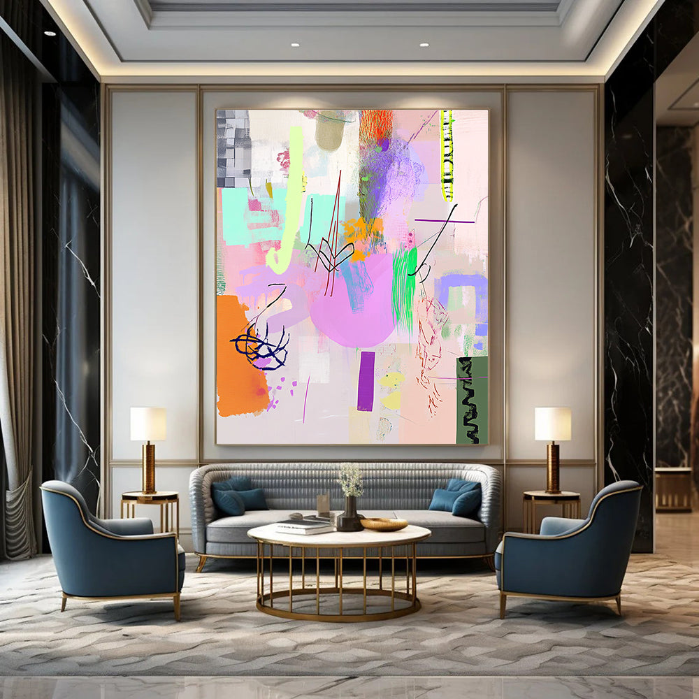 A large abstract painting featuring light pink purple and green shapes with line art and textures in a playful collage-inspired style.STSC1042