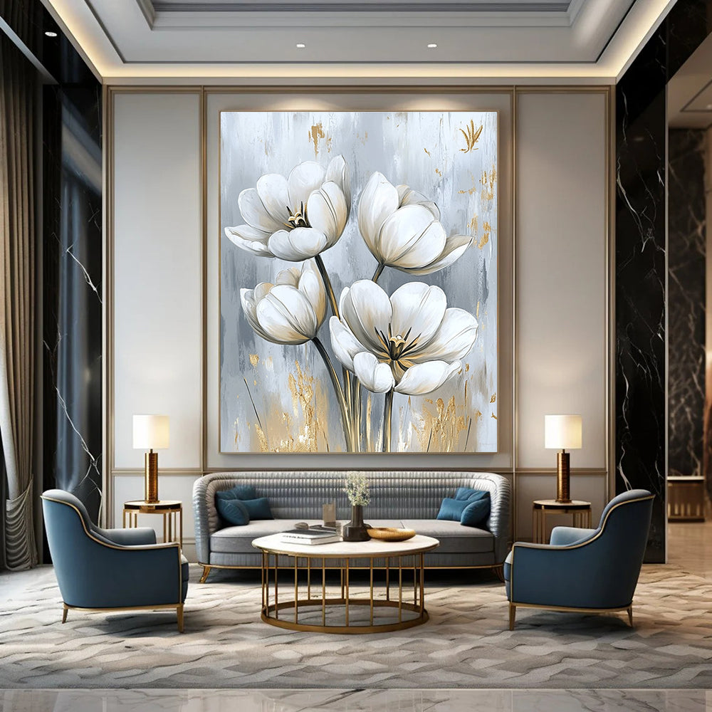 Large abstract painting featuring white tulips with delicate petals and gold embellishments perfect for elegant home interior design.STSC1478