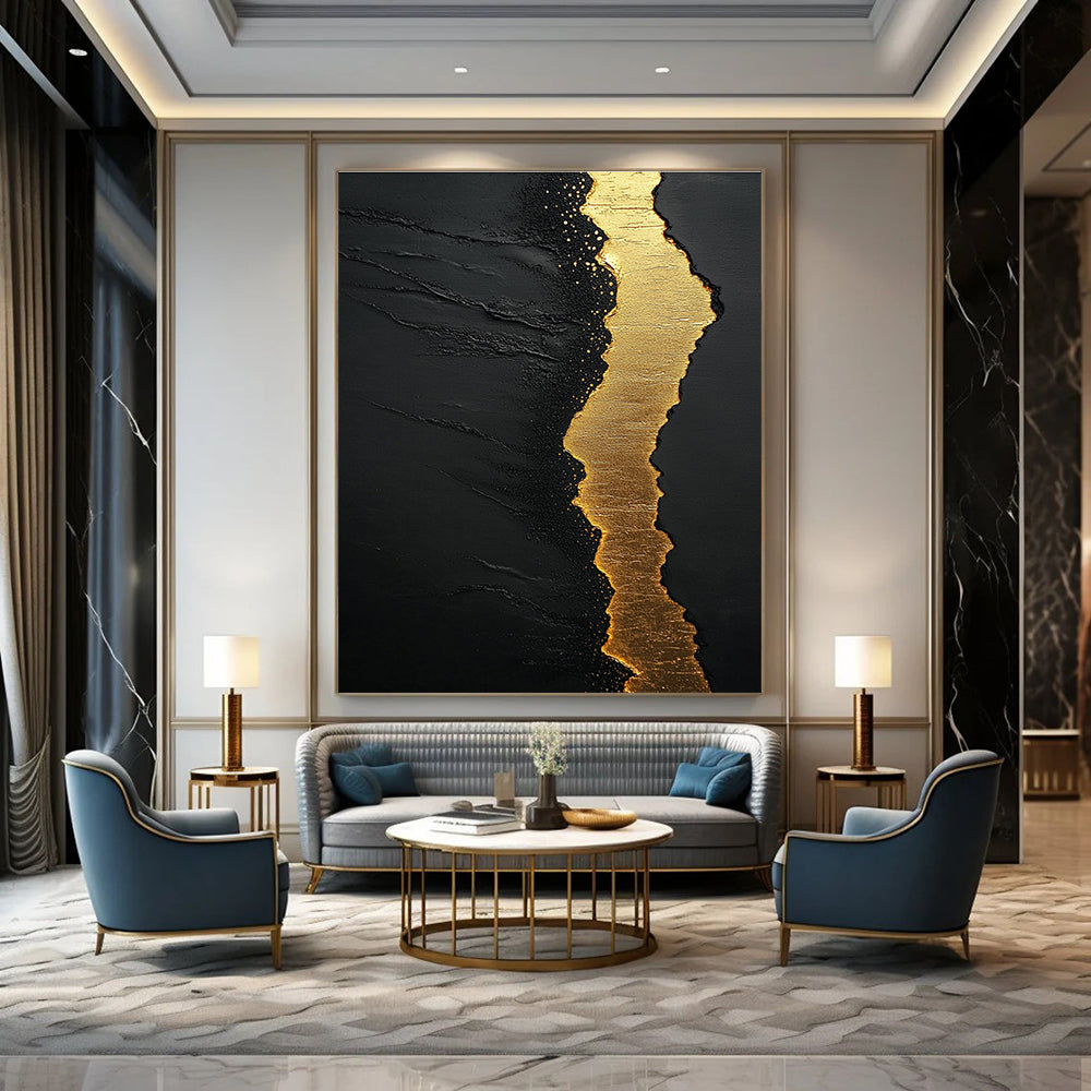 Large abstract painting featuring textured black sand golden water and white clouds with flowing golden light in a minimalist style against a dark background.STSC304