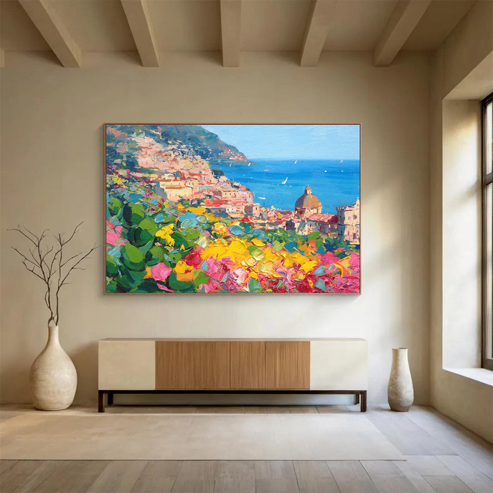 Pink Yellow Blue Hillside Coastal Town Painting THY488
