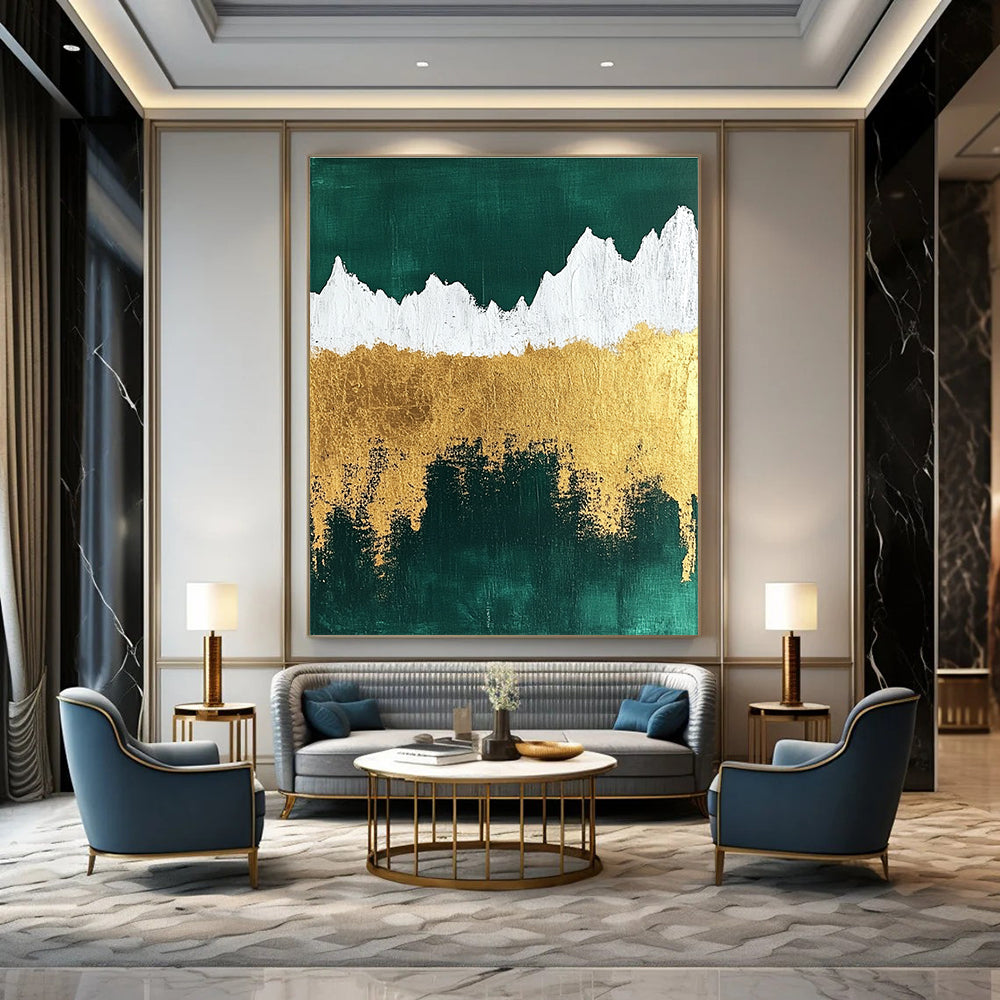 Abstract painting featuring metallic gold foil texture with emerald green background and white mountain silhouette for a striking visual impact.STSC067