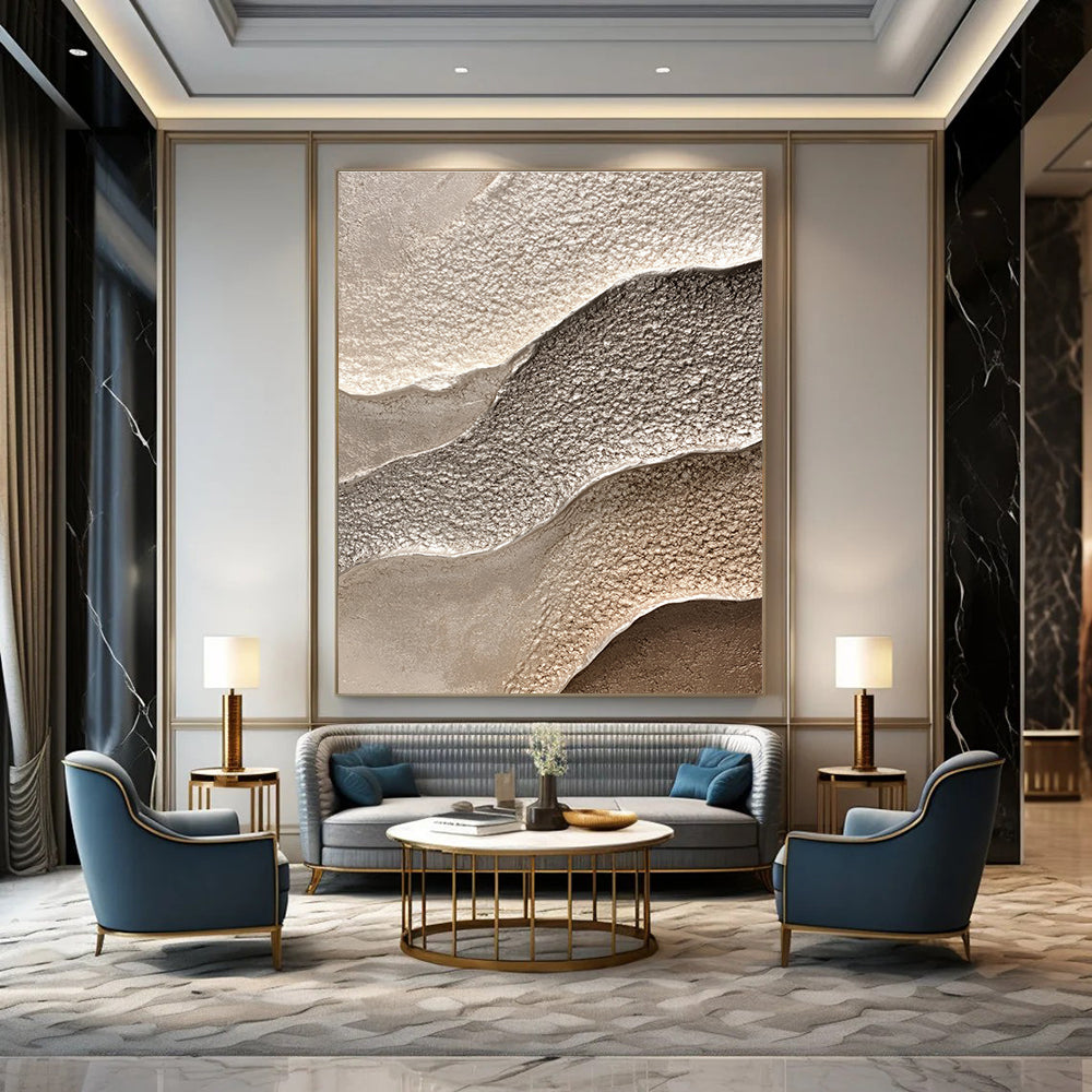 Abstract waves in grey complement detailed textured sandstone in beige and silver, perfect for nature-inspired interior decor.STSC945