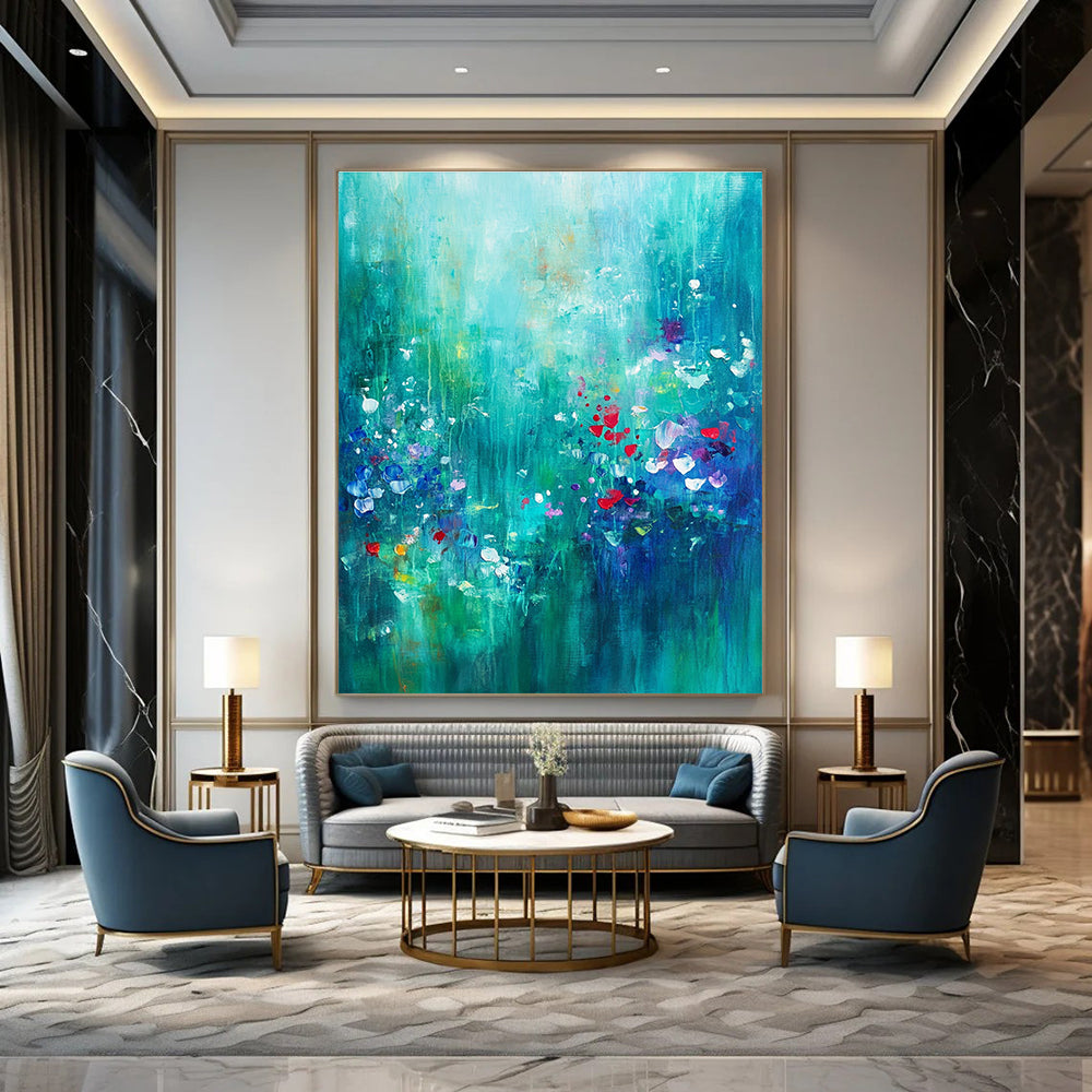 Large abstract painting of an underwater garden in teal and emerald with hints of red and purple evoking serenity and creativity.STSC1021
