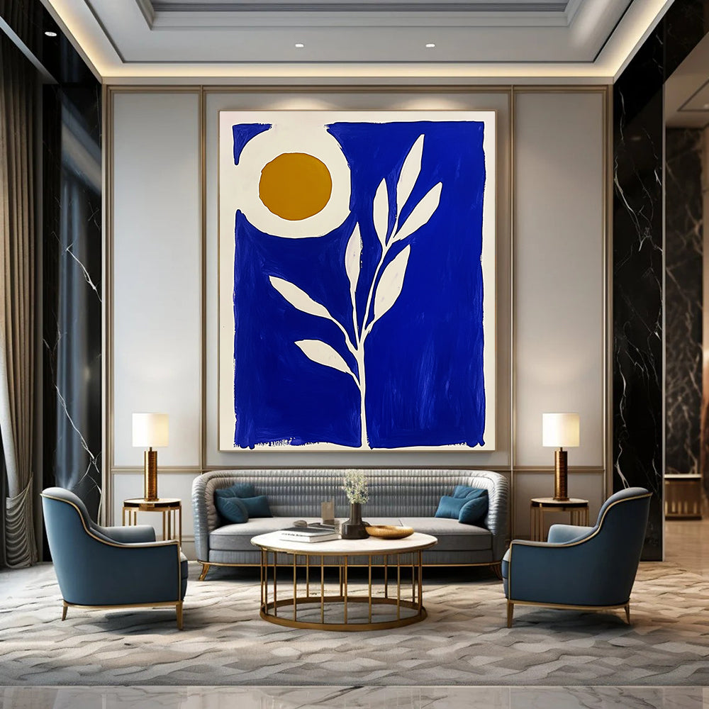 Large abstract painting in blue and white featuring a plant with the sun in a Matisse-inspired block print style.STSC921