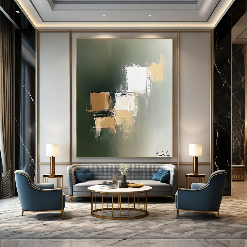 Large abstract painting featuring beige and white blocks on a soft green background with minimalist style by B.C. Antony.STSC212