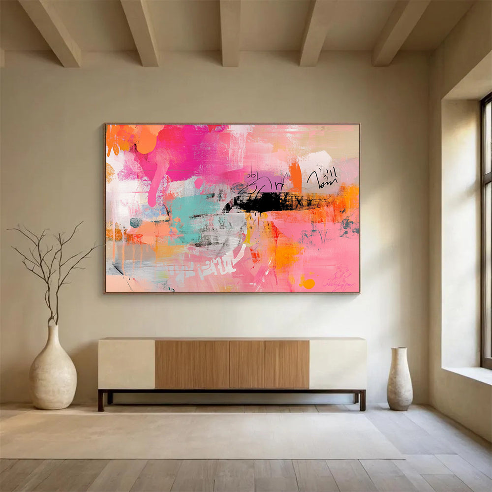 Pink and Colorful Abstract Expression Painting with Bold Marks DYP467