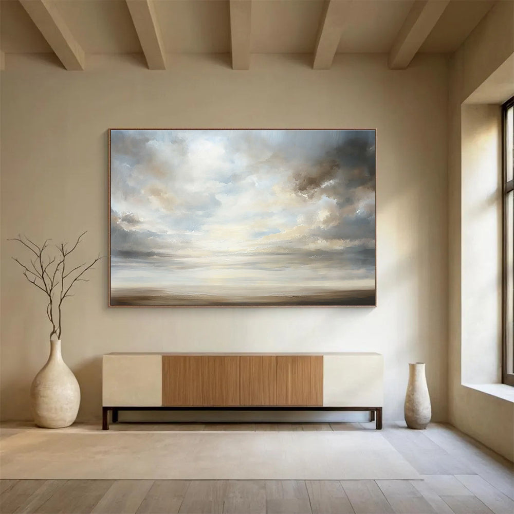 A large abstract painting featuring an open sky with billowing clouds in soft pastels, symbolizing peace and infinite possibilities.SC560