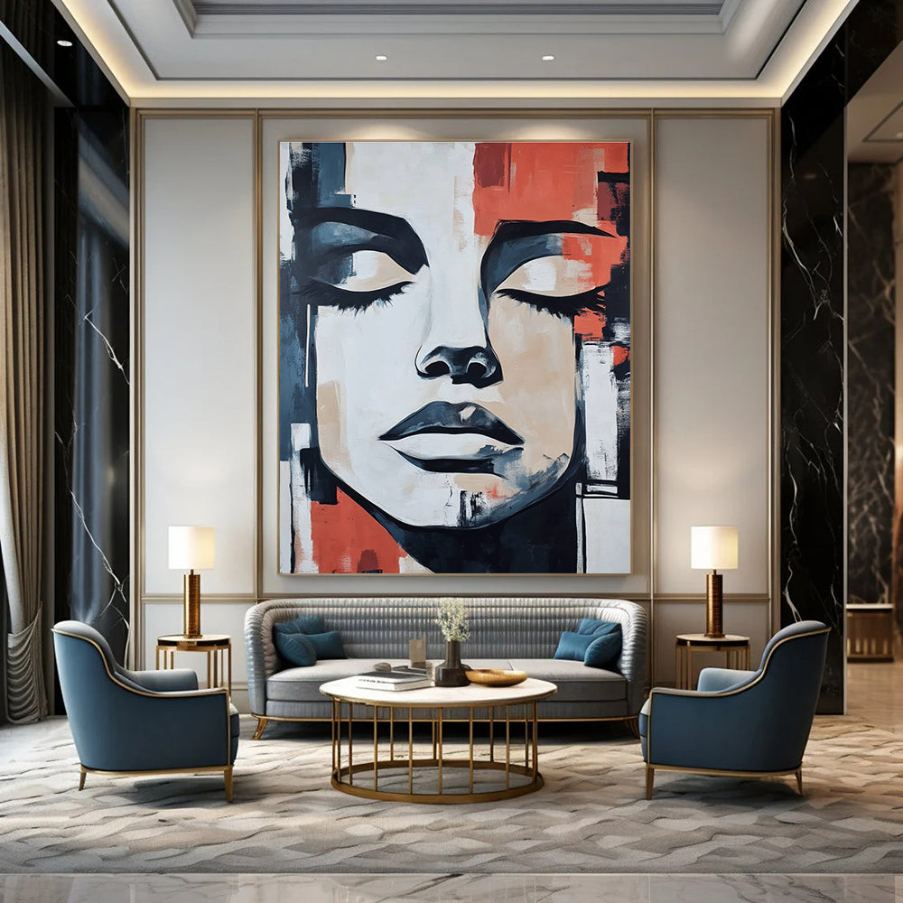 Large abstract painting featuring a masked face with closed eyes against urban shapes in gray beige black blue red and orange in oil on paper.STSC991