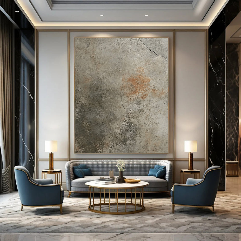 Abstract watercolor illustration blending muted tones on a worn beige concrete floor with a detailed handprint for timeless elegance.STSC1445
