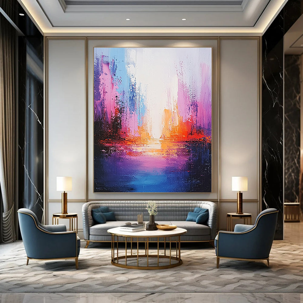 Large abstract painting of an ocean in light purple and pink with a tall illuminated building creating a soothing ethereal atmosphere.STSC264