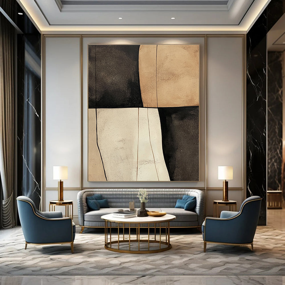 Large abstract painting featuring beige black and white shapes with smooth tan textures on a dark gray background.STSC627